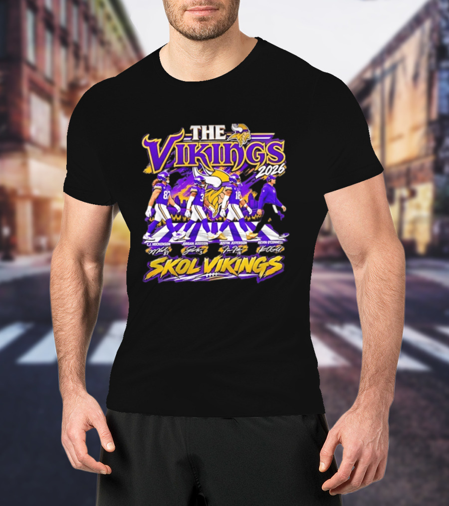 The Vikings 2026 J.J. Hockenson Jordan Addison Justin Jefferson Kevin O'Connell Skol Vikings T-Shirt