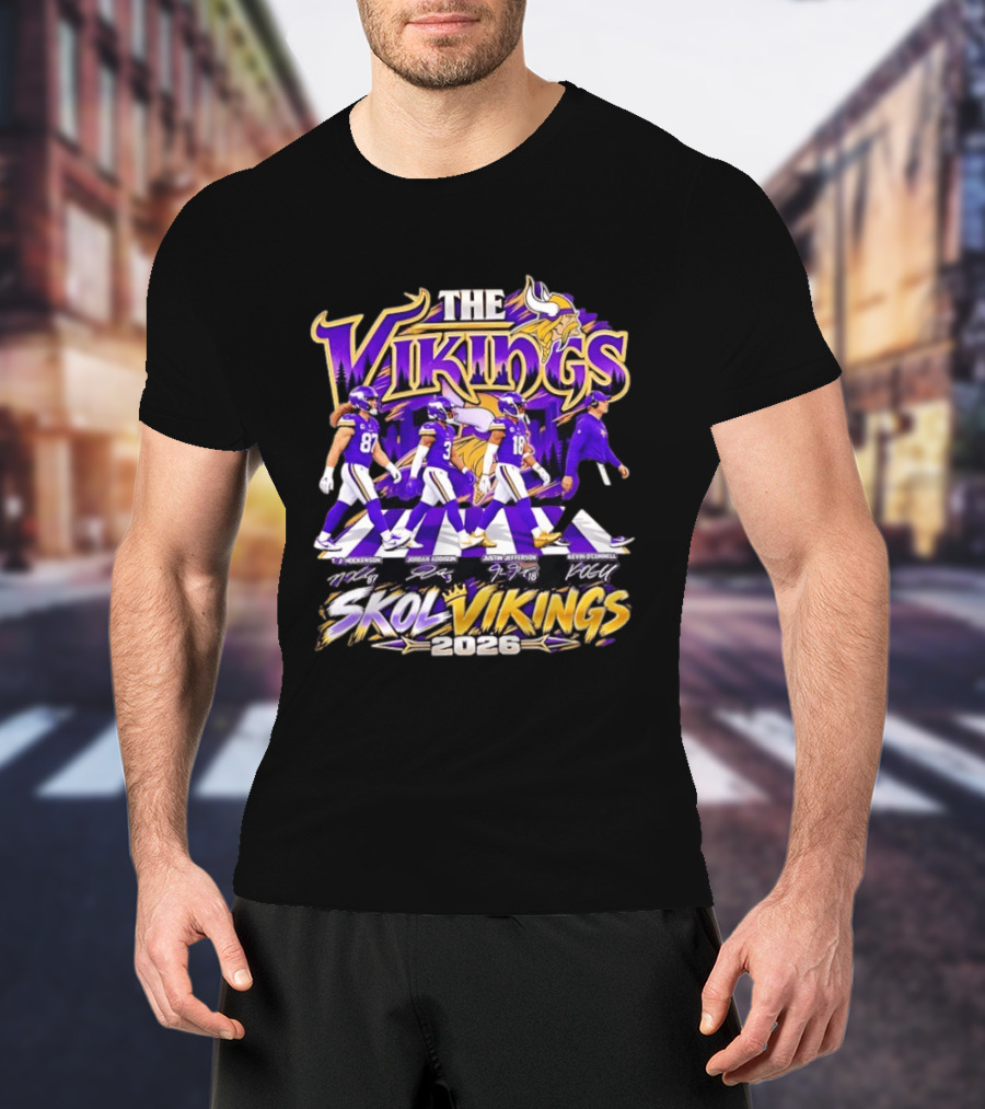 Minnesota Vikings Skol Vikings Abbey Road 2026 T. J. Hockenson Justin Jefferson Kevin O'Connell T-Shirt