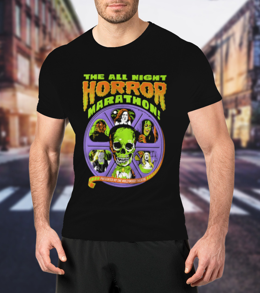 The All Night Horror Marathon Presented By The Hollywood Theatre Skulls And Monster Faces 2026 T-Shirt