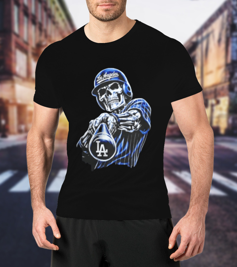 Los Angeles Dodgers Skeleton Baseball Player Pinstripe Jersey LA Cap T-Shirt