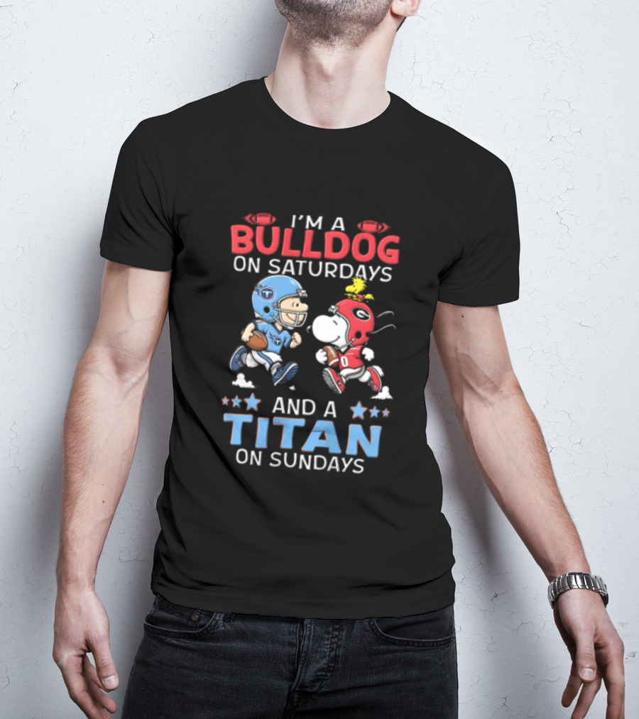 I'm A Bulldog On Saturdays And A Titan On Sundays Charlie Brown Snoopy Woodstock T-Shirt