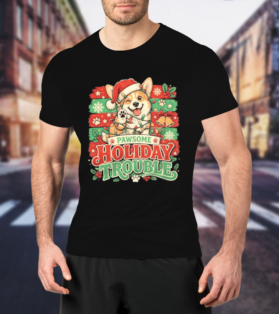 Pawsome Corgi Santa Hat Holiday Trouble Christmas Lights T-Shirt