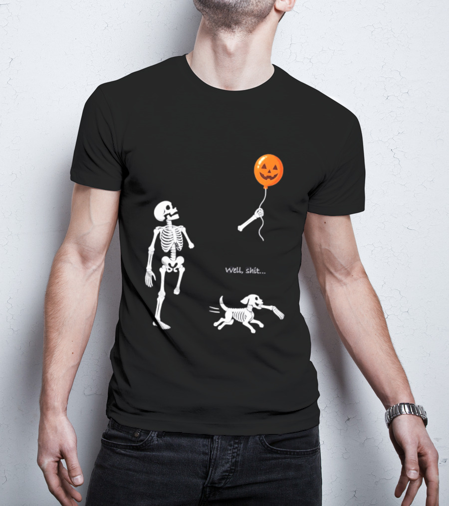 Skeleton Losing Halloween Pumpkin Balloon To Dog Well Shit T-Shirt
