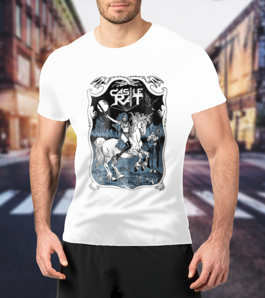 Castle Rat Warrior Woman Riding Unicorn Wizard Fantasy Scene T-Shirt