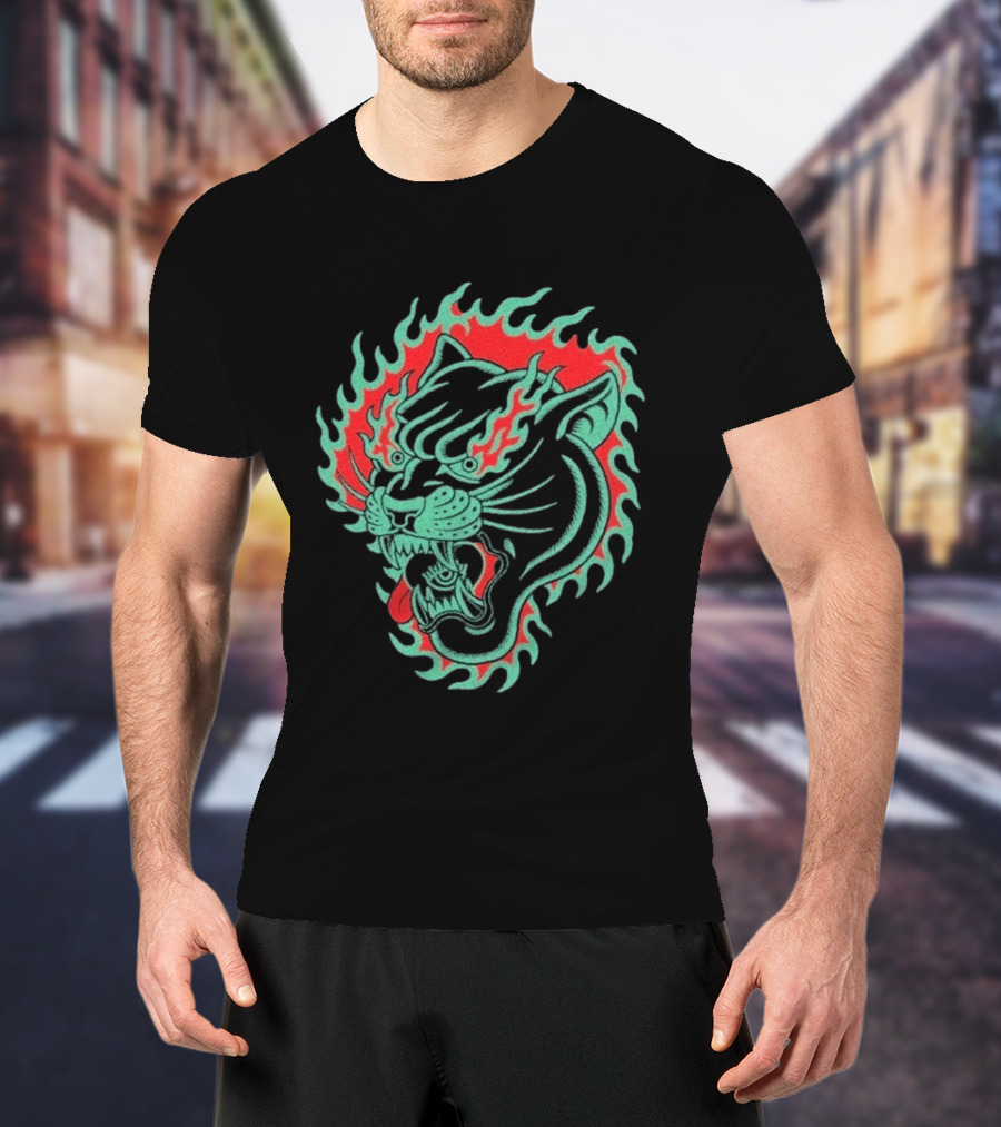 Bad Monday Panther Bite Heavy Flaming Green Red Panther T-Shirt