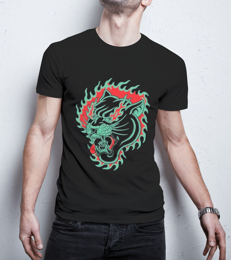 Bad Monday Panther Bite Heavy Flaming Green Red Panther T-Shirt