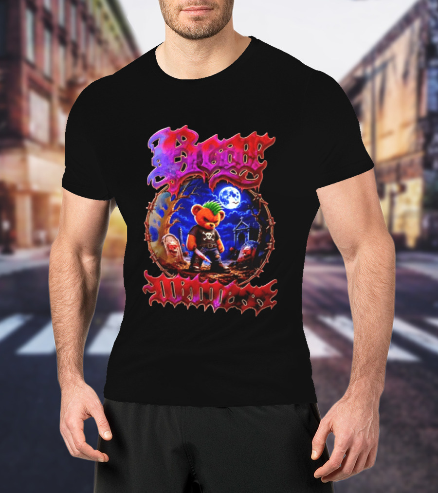 Bear Killers Punk Teddy Bear With Knife And Moonlit Graveyard Scene T-Shirt