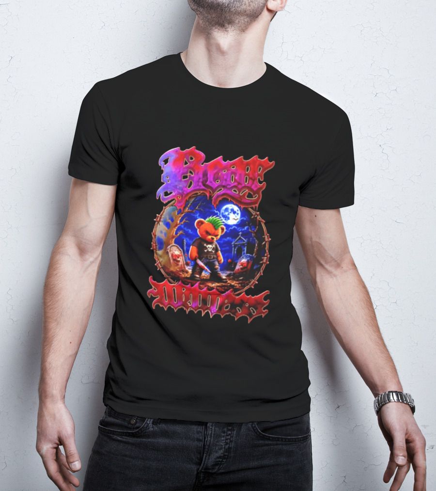 Bear Killers Punk Teddy Bear With Knife And Moonlit Graveyard Scene T-Shirt