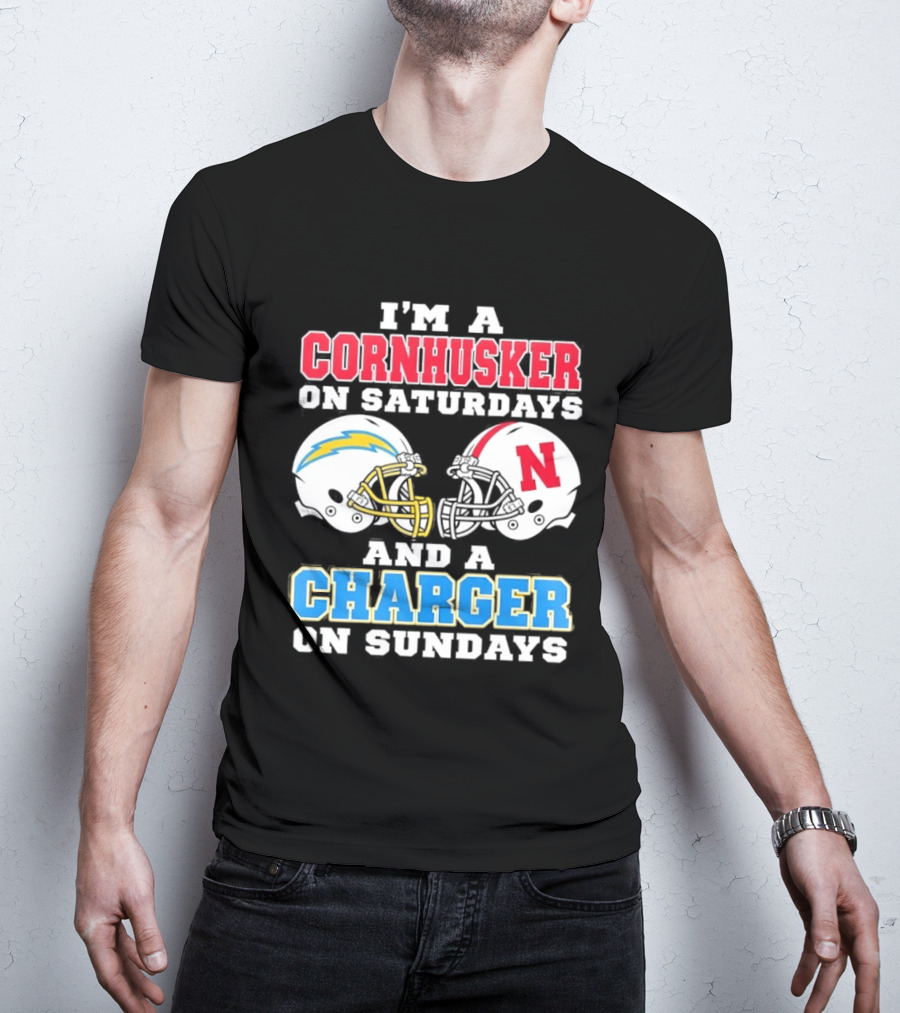 I'm A Cornhusker On Saturdays And A Charger On Sundays Football Fan Football Team Helmets T-Shirt