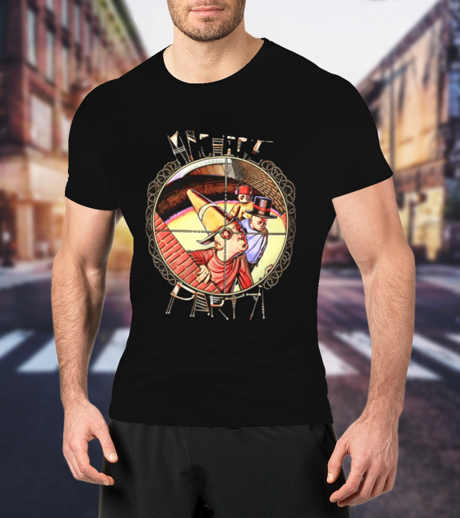 Machine Party Surreal Dark Fantasy Dystopian Vintage Cartoon Target Crosshair T-Shirt