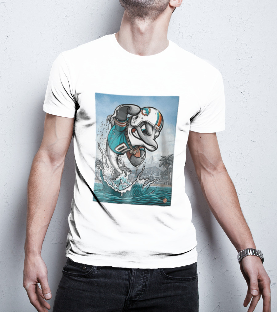 Miami Dolphins Garo Yepremian Fins Up 1972 Cartoon Dolphin Helmet Football T-Shirt