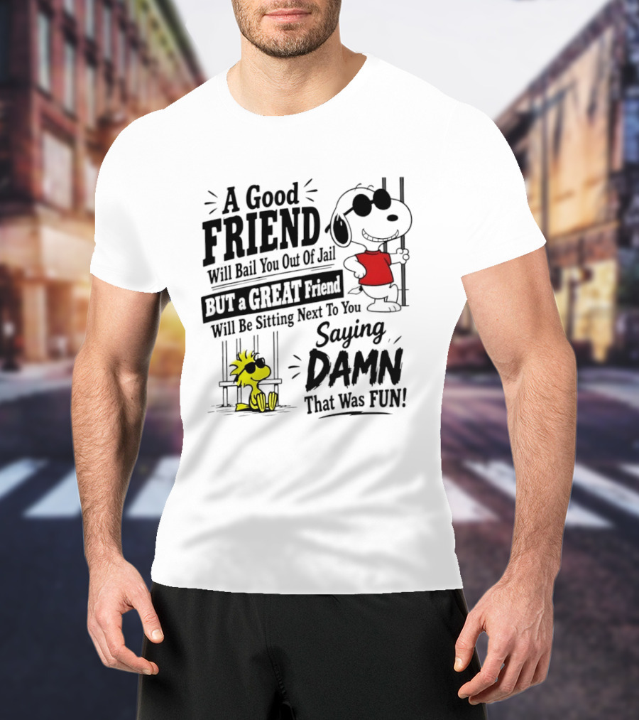 Snoopy And Woodstock A Good Friend Will Bail You Out Of Jail A Great Friend Will Be Sitting Next To You Saying Damn That Was Fun T-Shirt