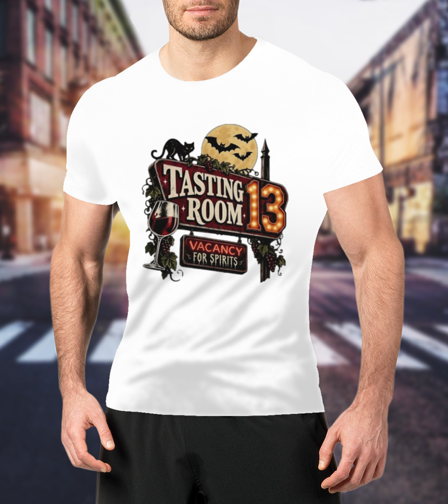 Tasting Room 13 Vacancy For Spirits Halloween Wine Moon Bats Cat T-Shirt