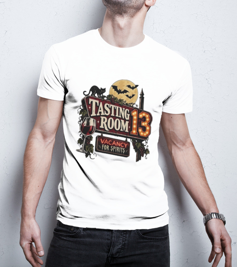 Tasting Room 13 Vacancy For Spirits Halloween Wine Moon Bats Cat T-Shirt
