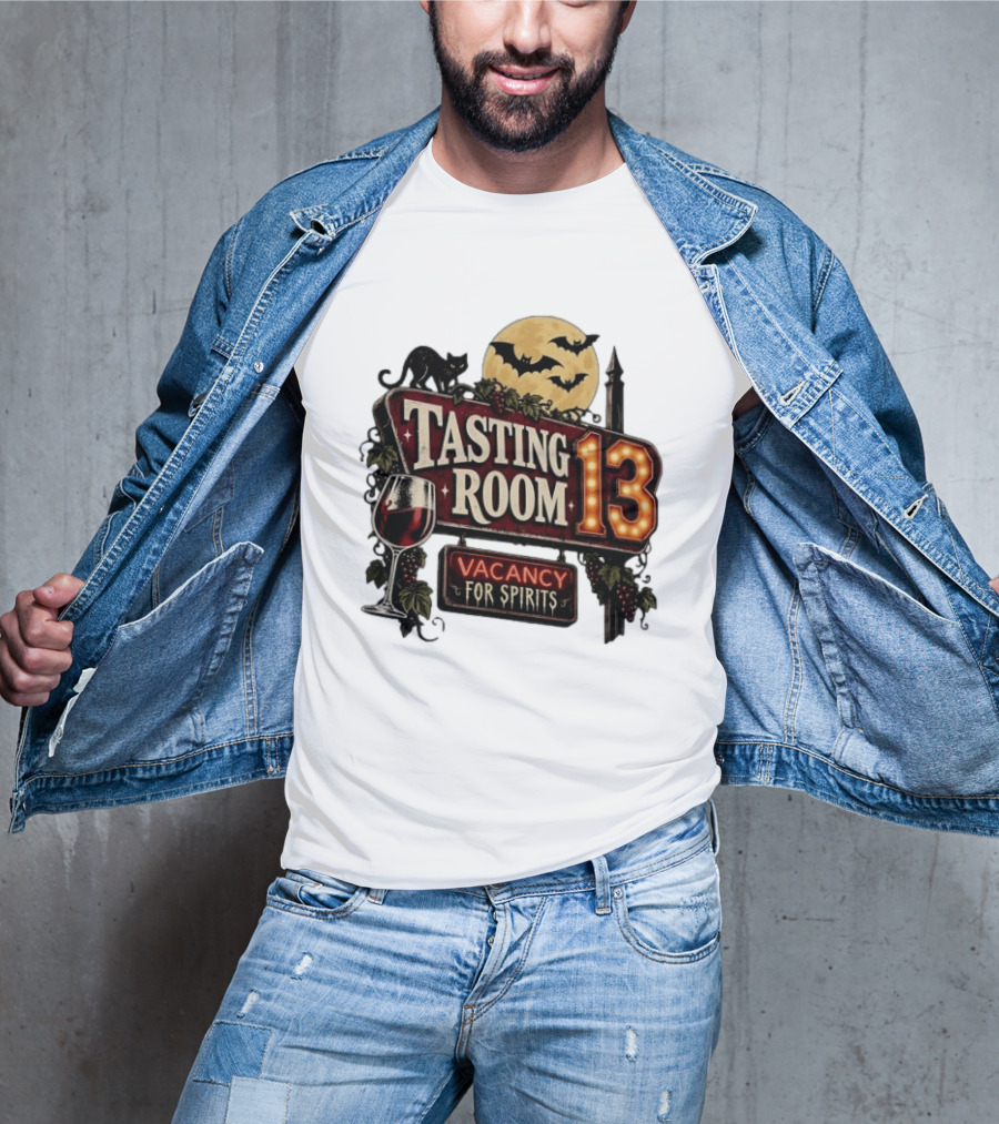 Tasting Room 13 Vacancy For Spirits Halloween Wine Moon Bats Cat T-Shirt