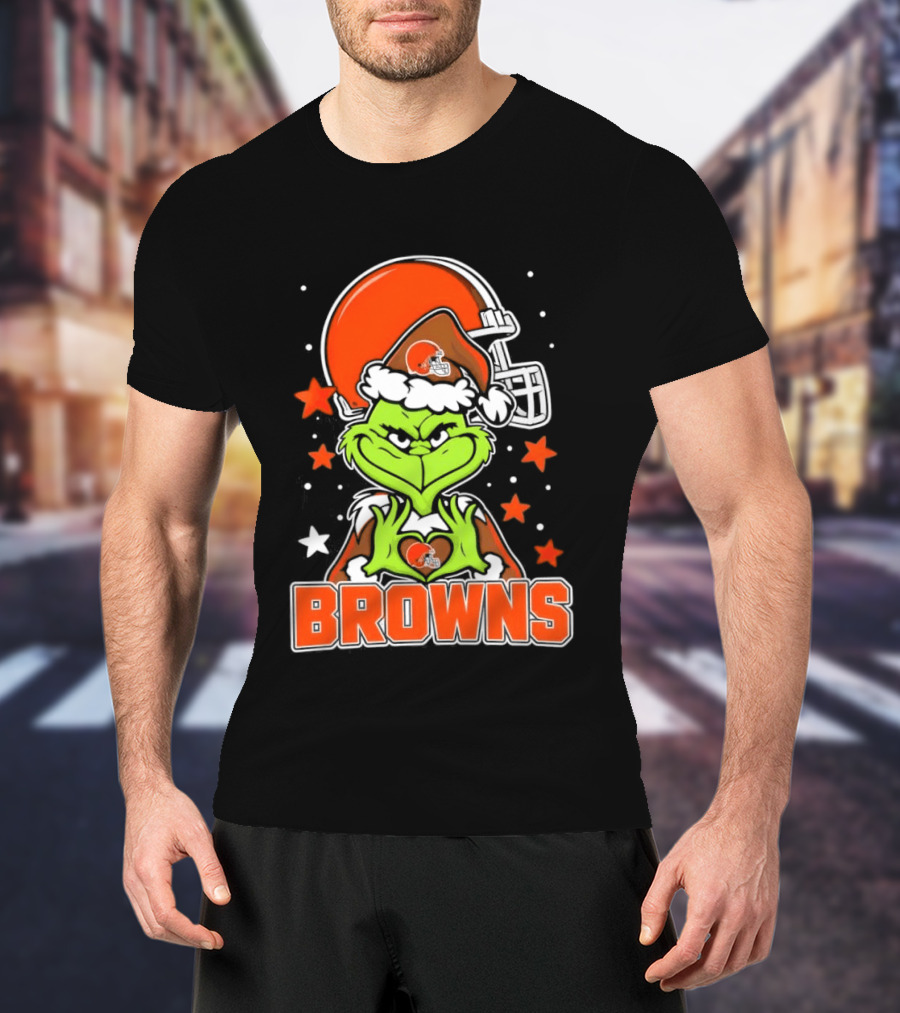 Grinch Heart Love Cleveland Browns Christmas Football T-Shirt