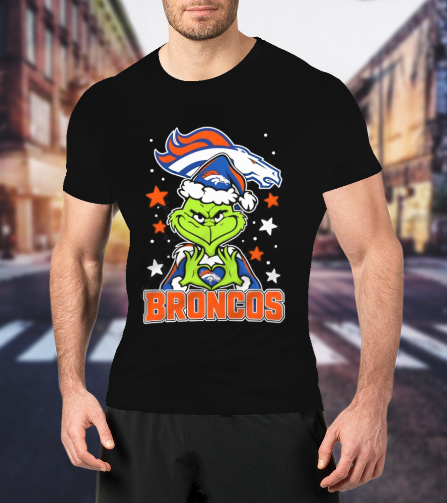 Broncos Christmas Grinch Heart Hands Love Denver Football T-Shirt