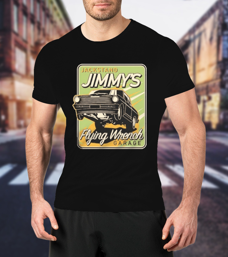 Jackstand Jimmy's Flying Wrench Garage Vintage Hot Rod Art Cleetus McFarland T-Shirt