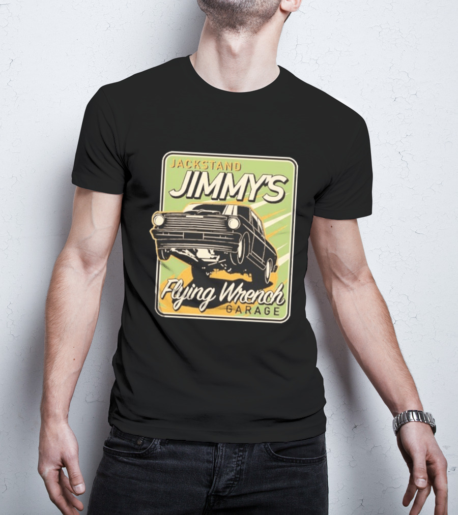 Jackstand Jimmy's Flying Wrench Garage Vintage Hot Rod Art Cleetus McFarland T-Shirt