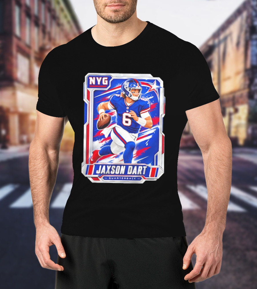 NYG Jaxson Dart 2026 Trading Card Blue Jersey Quarterback T-Shirt