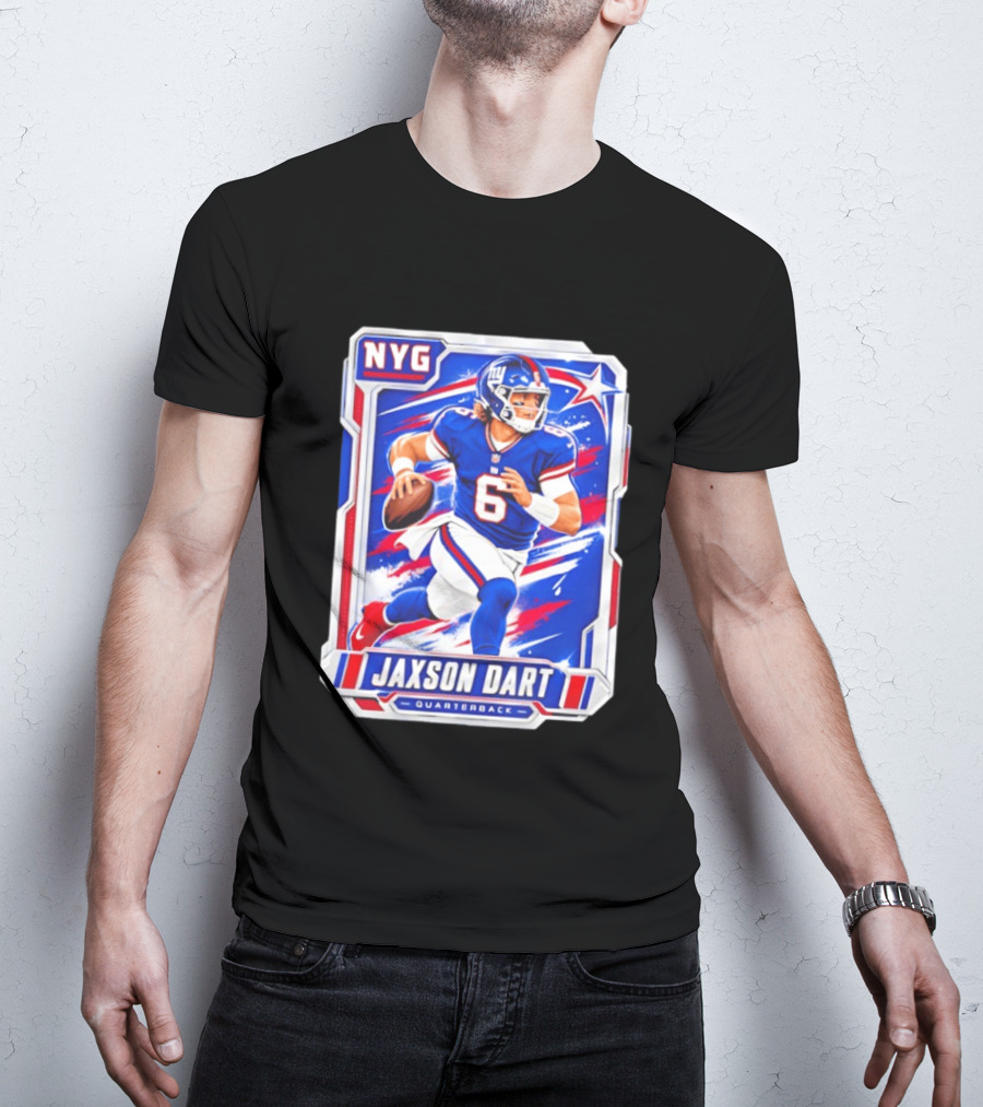 NYG Jaxson Dart 2026 Trading Card Blue Jersey Quarterback T-Shirt
