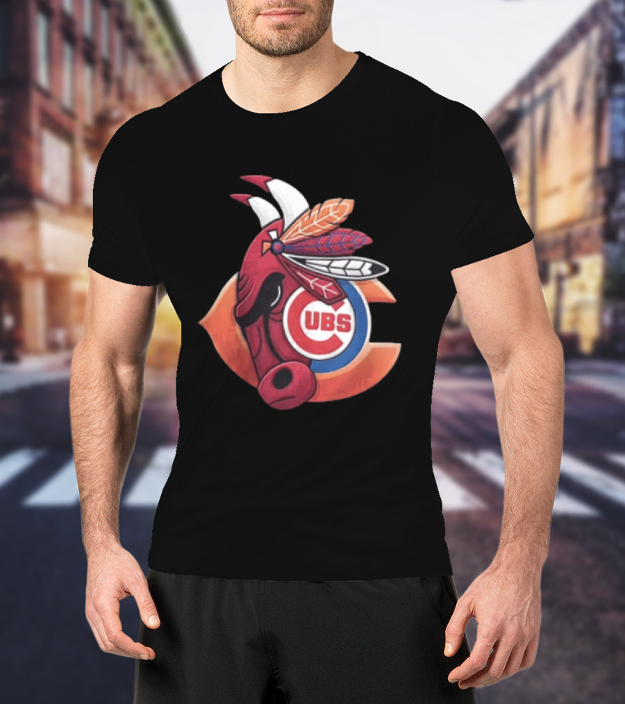 Chicago Bears Cubs Red Bull Native American Headdress T-Shirt