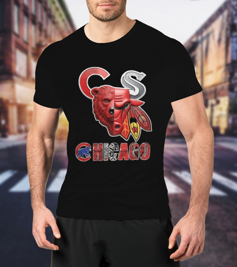 Chicago Cubs Bulls Blackhawks Split Face Bear Bull T-Shirt