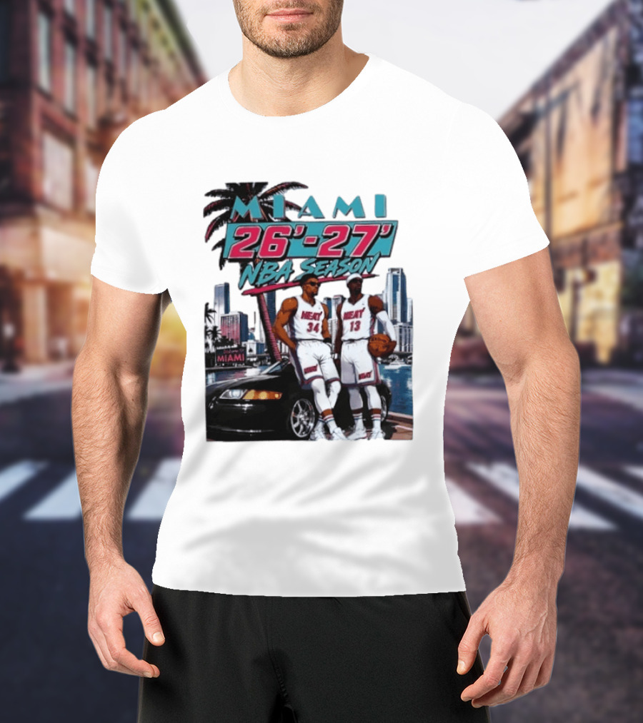 Miami Heat 26 27 NBA Season Palm Trees Skyline Players T-Shirt