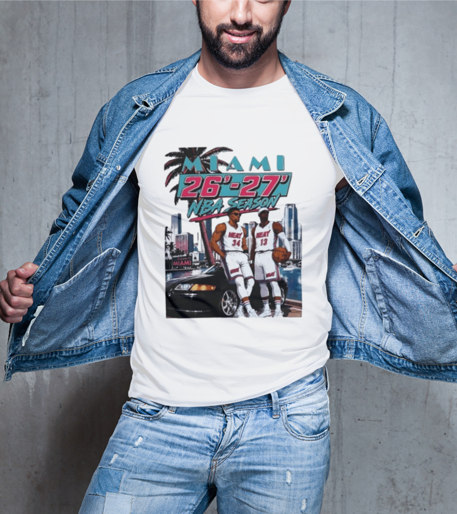 Miami Heat 26 27 NBA Season Palm Trees Skyline Players T-Shirt