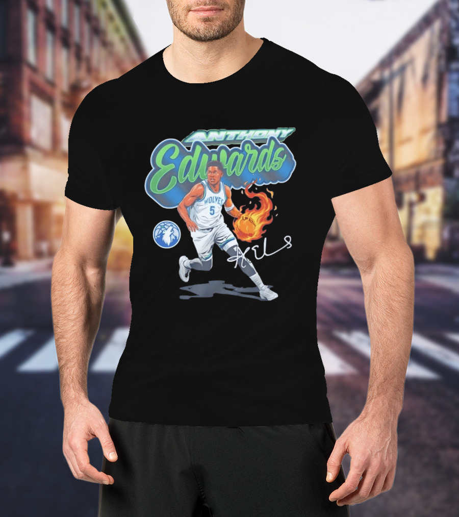 Anthony Edwards Wolves Cursive Script Basketball Flame Edit T-Shirt