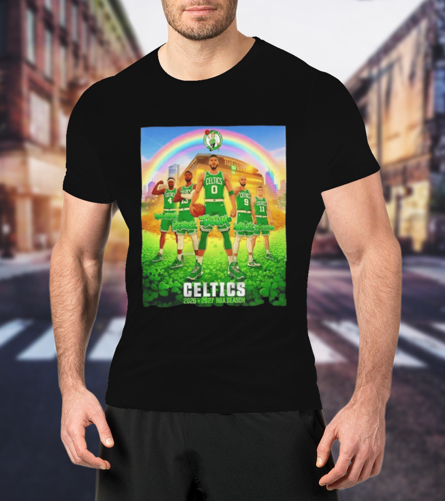 Boston Celtics 2026 2027 NBA Season Tatum George White Robinson Pritchard Basketball Team Players Under Rainbow Scene T-Shirt