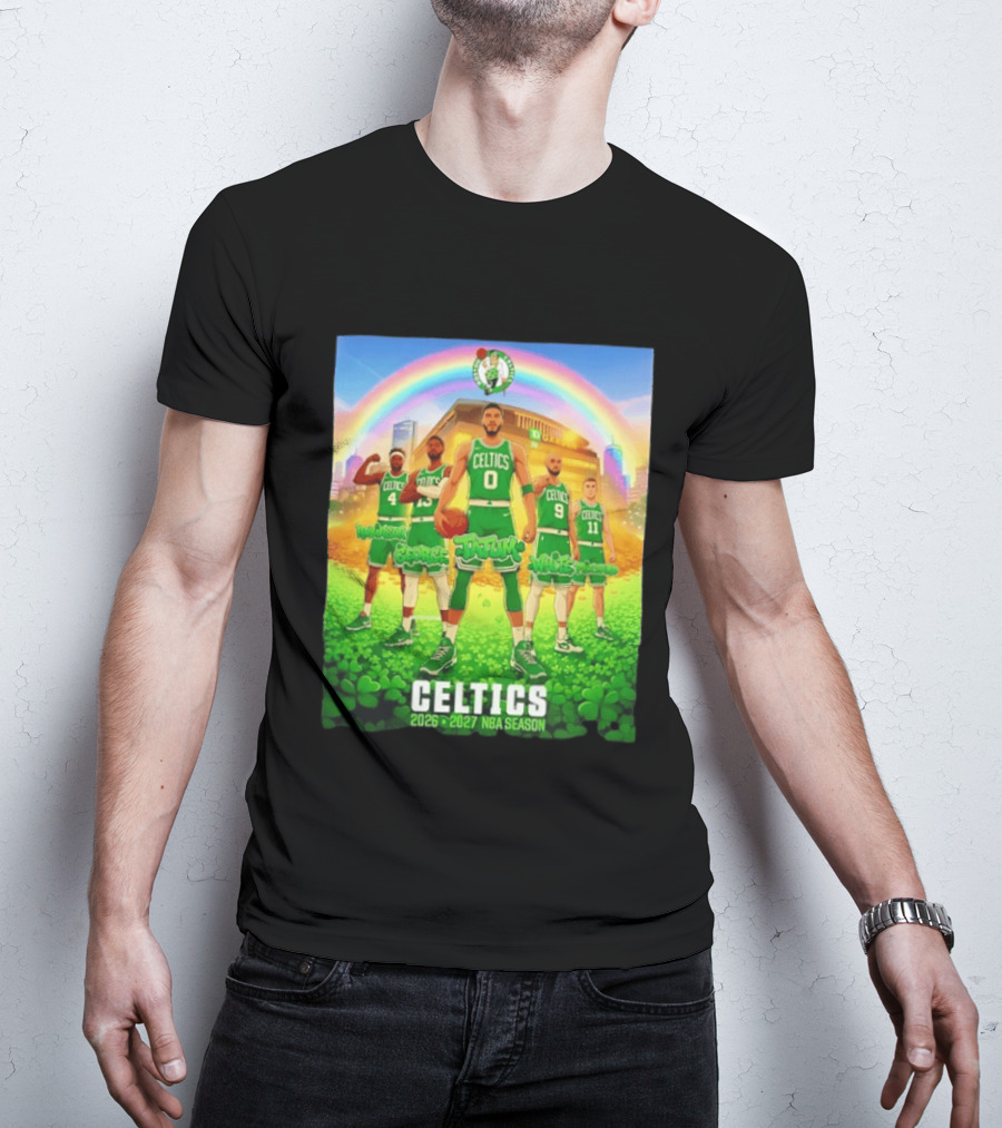 Boston Celtics 2026 2027 NBA Season Tatum George White Robinson Pritchard Basketball Team Players Under Rainbow Scene T-Shirt