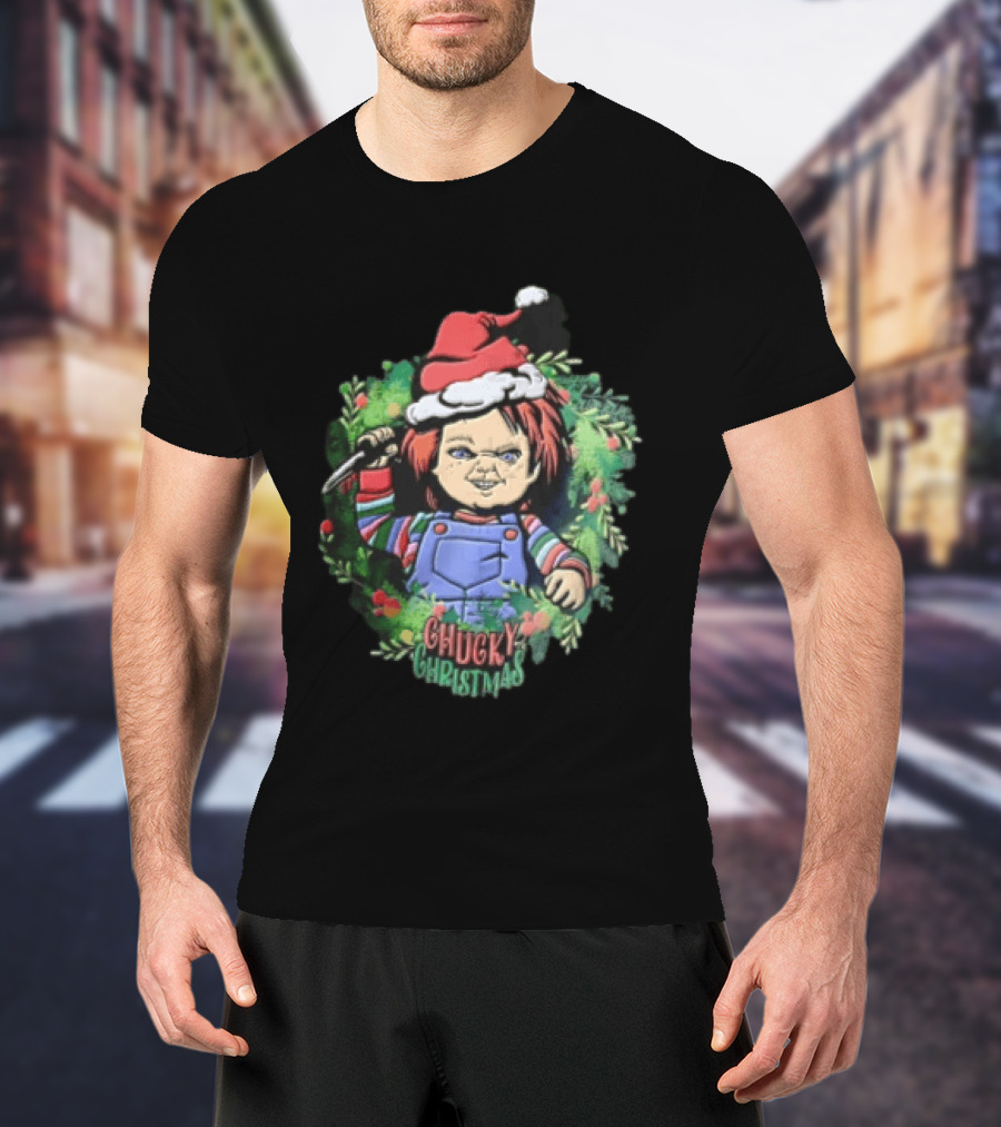 Chucky Christmas Doll Holding Knife In Festive Wreath With Santa Hat T-Shirt