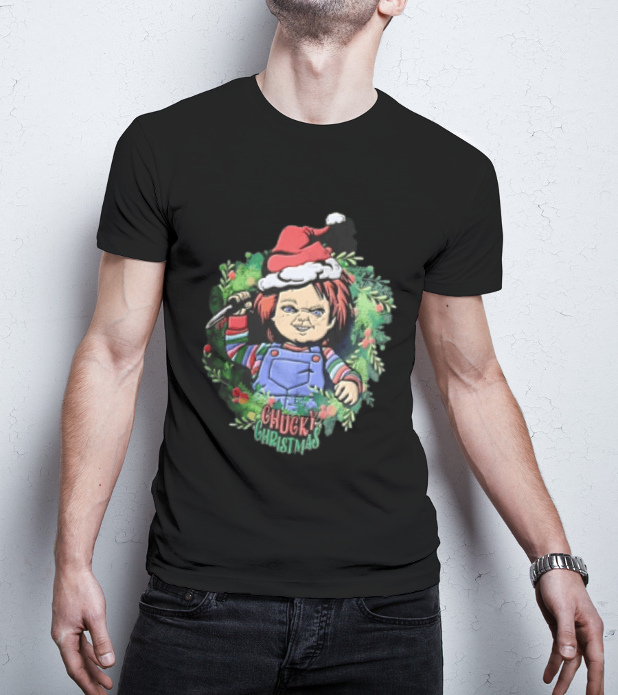 Chucky Christmas Doll Holding Knife In Festive Wreath With Santa Hat T-Shirt