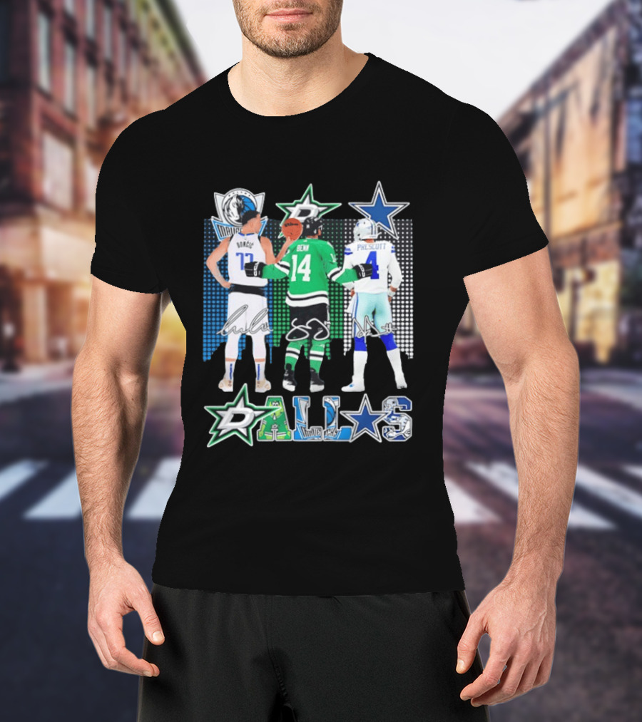 Dallas Mavericks Stars Signatures Skyline Luka Doncic Benn Dallas Cowboys T-Shirt