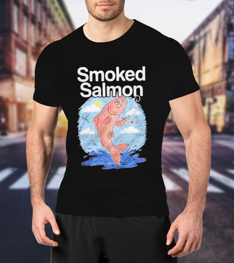 Smoked Salmon Smoking Fish Humorous Cartoon Design With Cloud And Water T-Shirt