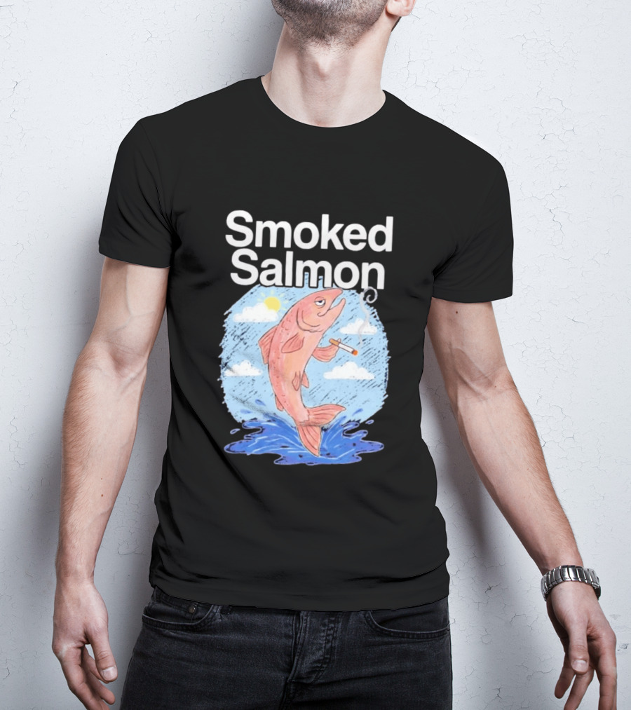 Smoked Salmon Smoking Fish Humorous Cartoon Design With Cloud And Water T-Shirt