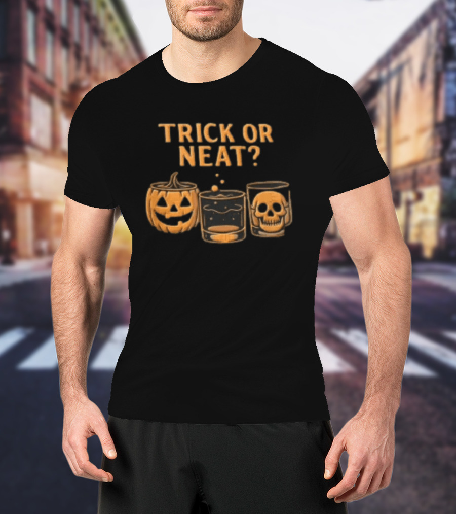 Trick Or Neat Jack O Lantern Whiskey Glass Skull T-Shirt