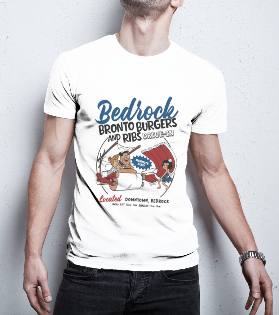 Bedrock Bronto Burgers And Ribs Drive In Downtown Bedrock Fred Flintstone Car And Dino Ribs T-Shirt