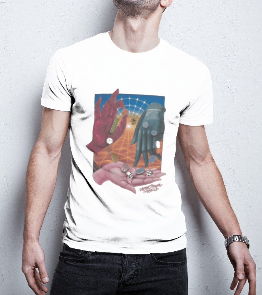 Nothing Personal X Asaali Surreal Hands With Coins And Geometric Grid T-Shirt