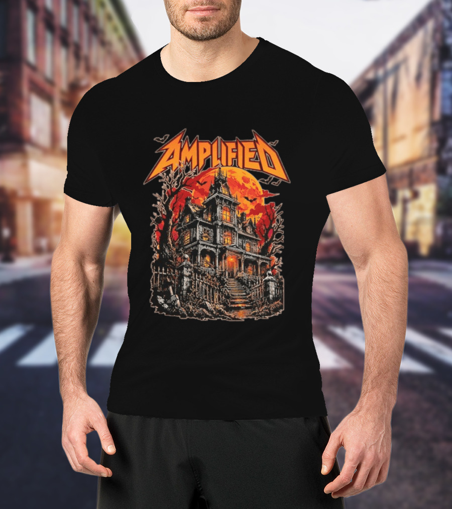Amplified Haunted House Creepy Mansion With Eerie Full Moon And Dark Trees T-Shirt