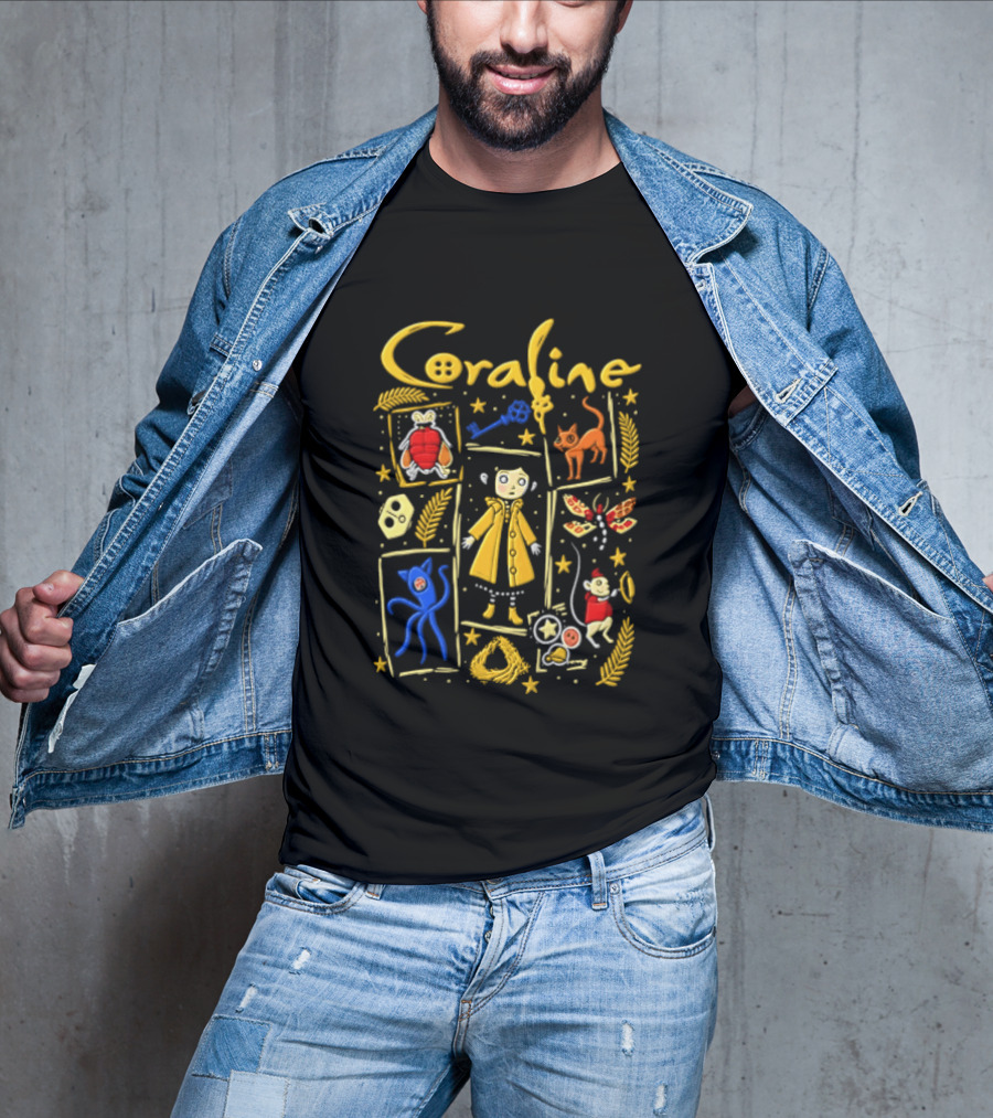 Coraline Characters Key Yellow Coat Cat Other Mother Neil Gaiman T-Shirt