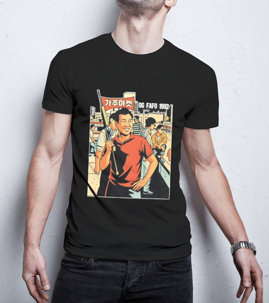 OG FAFO 1992 Rooftop Koreans Cartoon Characters Holding Flag And Rifle Urban Rooftop Scene T-Shirt