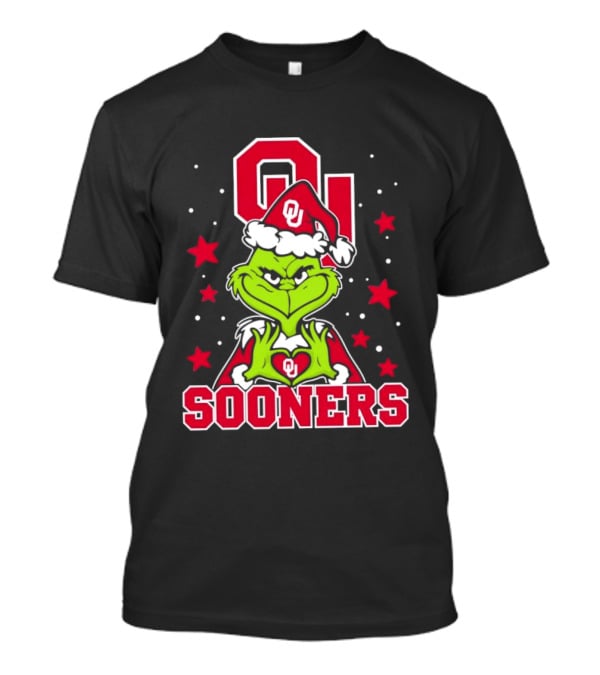 Oklahoma Sooners Grinch Christmas Heart Hands OU Santa Hat T-Shirt