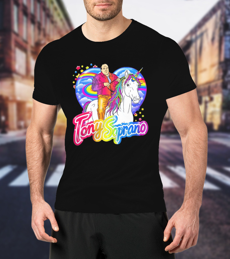 Tony Soprano Riding Rainbow Unicorn With Heart And Stars T-Shirt