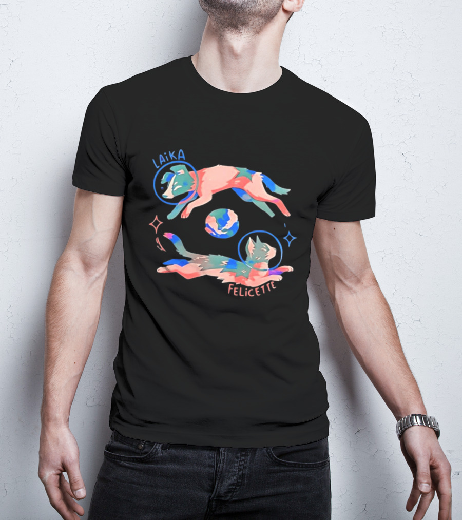 Felicette Cat And Laika Dog Celestial Orbit With Earth And Stars T-Shirt