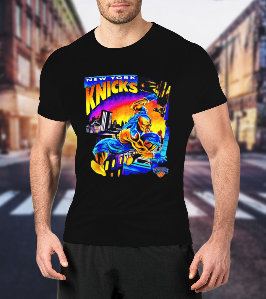 New York Knicks Superhero Action Skyline Scene T-Shirt