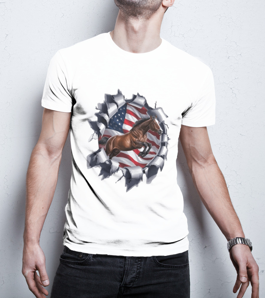 Escaping Horse With American Flag Background 3D Effect T-Shirt