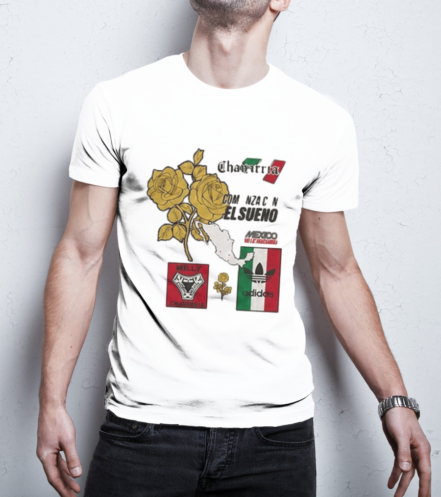Mexico Willy Chavarria Adidas Comienza Con El Sueno 2026 Collaboration Gold Roses Map Mexican Flag T-Shirt
