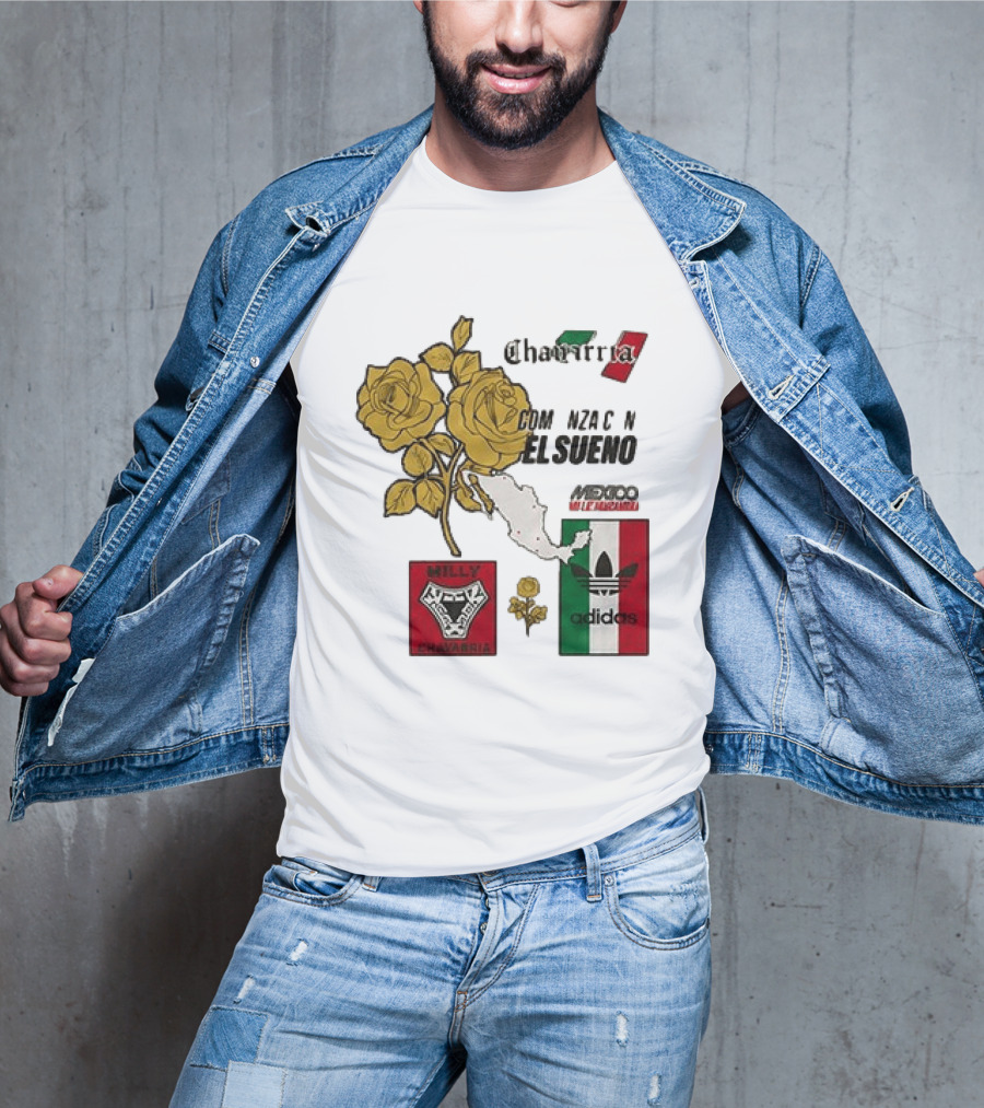 Mexico Willy Chavarria Adidas Comienza Con El Sueno 2026 Collaboration Gold Roses Map Mexican Flag T-Shirt